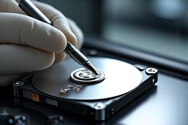 Tecnico che lavora su un hard disk per recupero dati